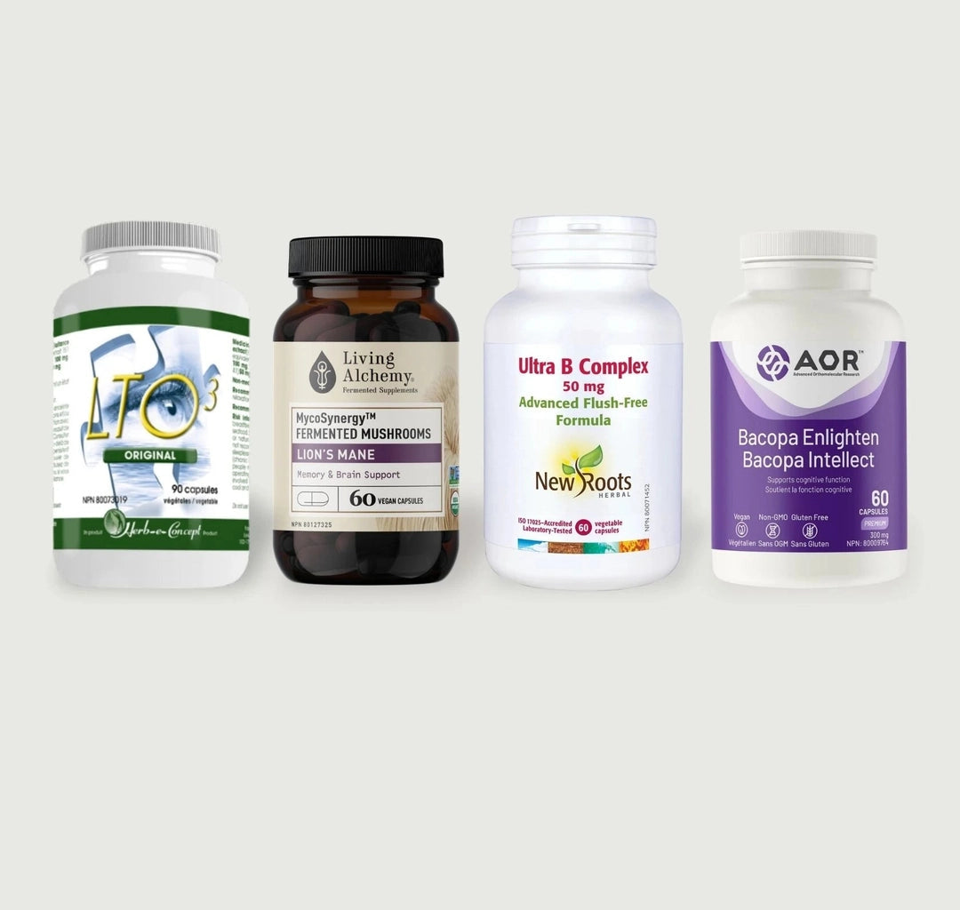 Four supplement bottles arranged side by side on a light gray background: a white bottle with a green-and-white label reading NQO3 Original by Johnson Controls, a dark amber bottle labeled Living Alchemy Fermented Mushrooms, a white bottle labeled Ultra B Complex by New Roots, and a white bottle with a purple label reading Bacopa Enlighten Bacopa intellect by AOR.