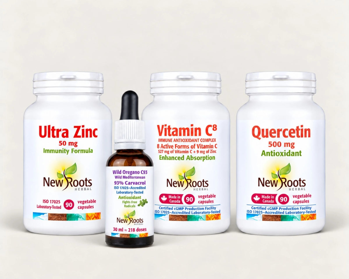 Vitamin C8, Quercetin 500 mg, Ultra Zinc 50 mg and Wild Oregano C93 from The New Roots Immunity Bundle