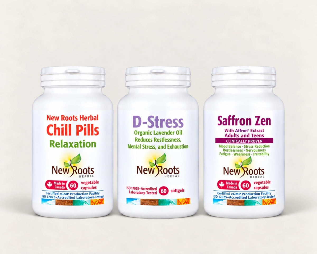 Relaxation (Chill Pills), Safran Zen et D-Stress huile de lavande bio de L'Ensemble Relaxation et Sommeil New Roots