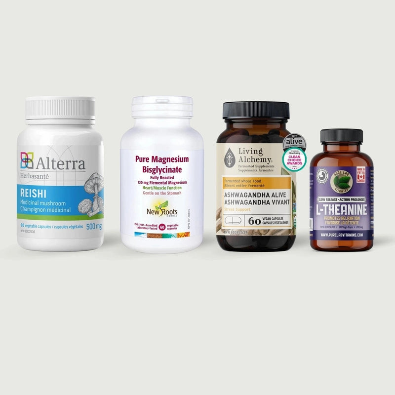 Four supplement bottles on a white background