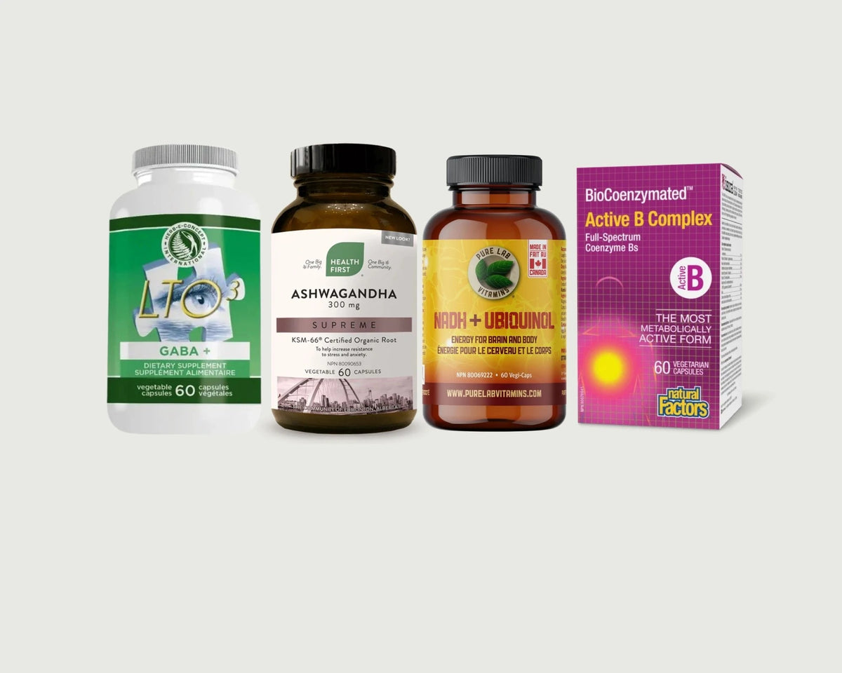LTO3 + GABA, Ashwagandha Supreme, complexe B actif et NADH + ubiquinol de L'Ensemble Focus Calme