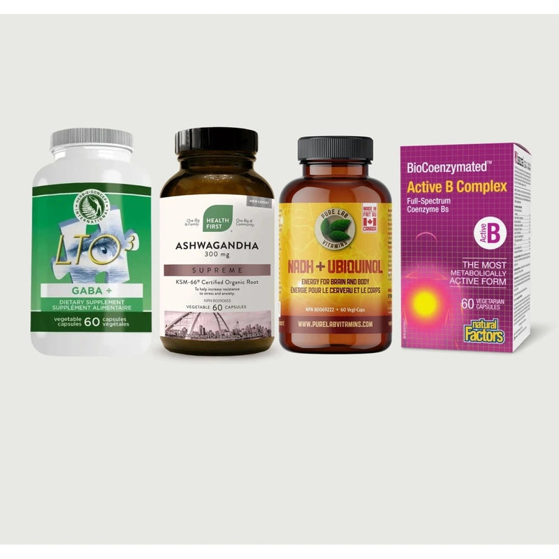 LTO3 + GABA, Ashwagandha Supreme, complexe B actif et NADH + ubiquinol de L'Ensemble Focus Calme