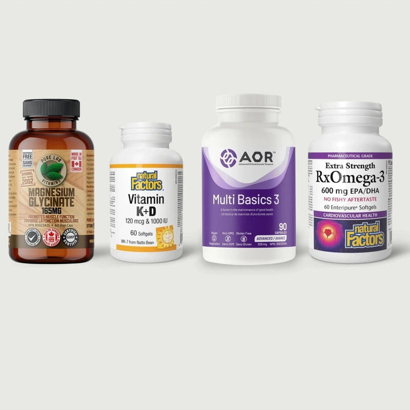 Four supplement bottles arranged side by side on a light gray background: a brown amber bottle of Magnesium Glycinate, a white bottle of Vitamin K-D, a white bottle of AOR Multi Basics 3, and a white bottle of Natural Factors RxOmega-3 Extra Strength.