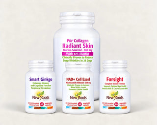 Forsight, Smart Ginkgo, Pure Collagen Glowing Skin and NAD+ Cell Excel from The New Roots Healthy Aging Bundle