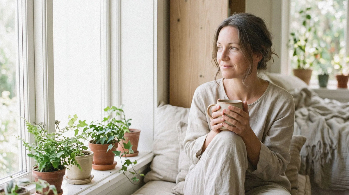 Woman relaxing by a sunny window with a cup of tea
