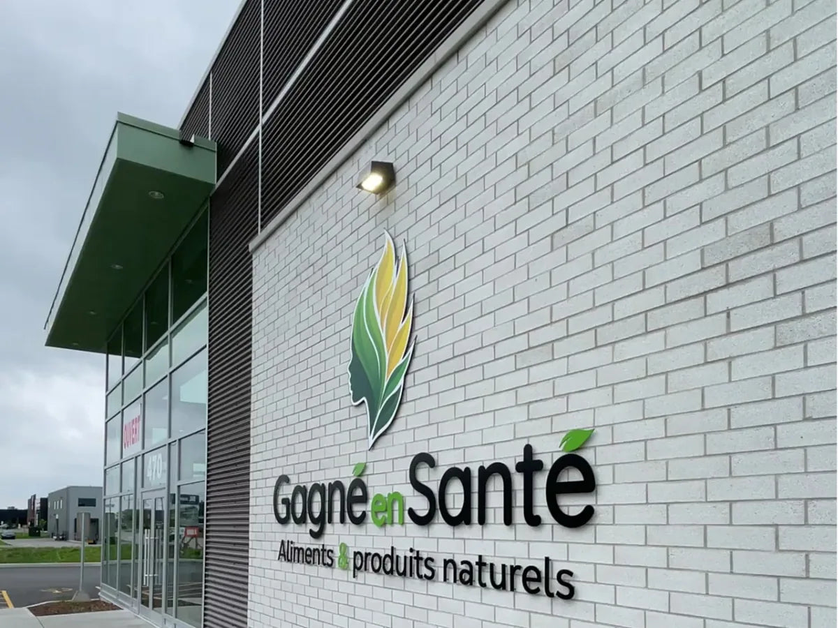 The Gagné en Santé Store & Warehouse at 470 Chemin Industriel, with the family’s leaf logo on a pale brick wall