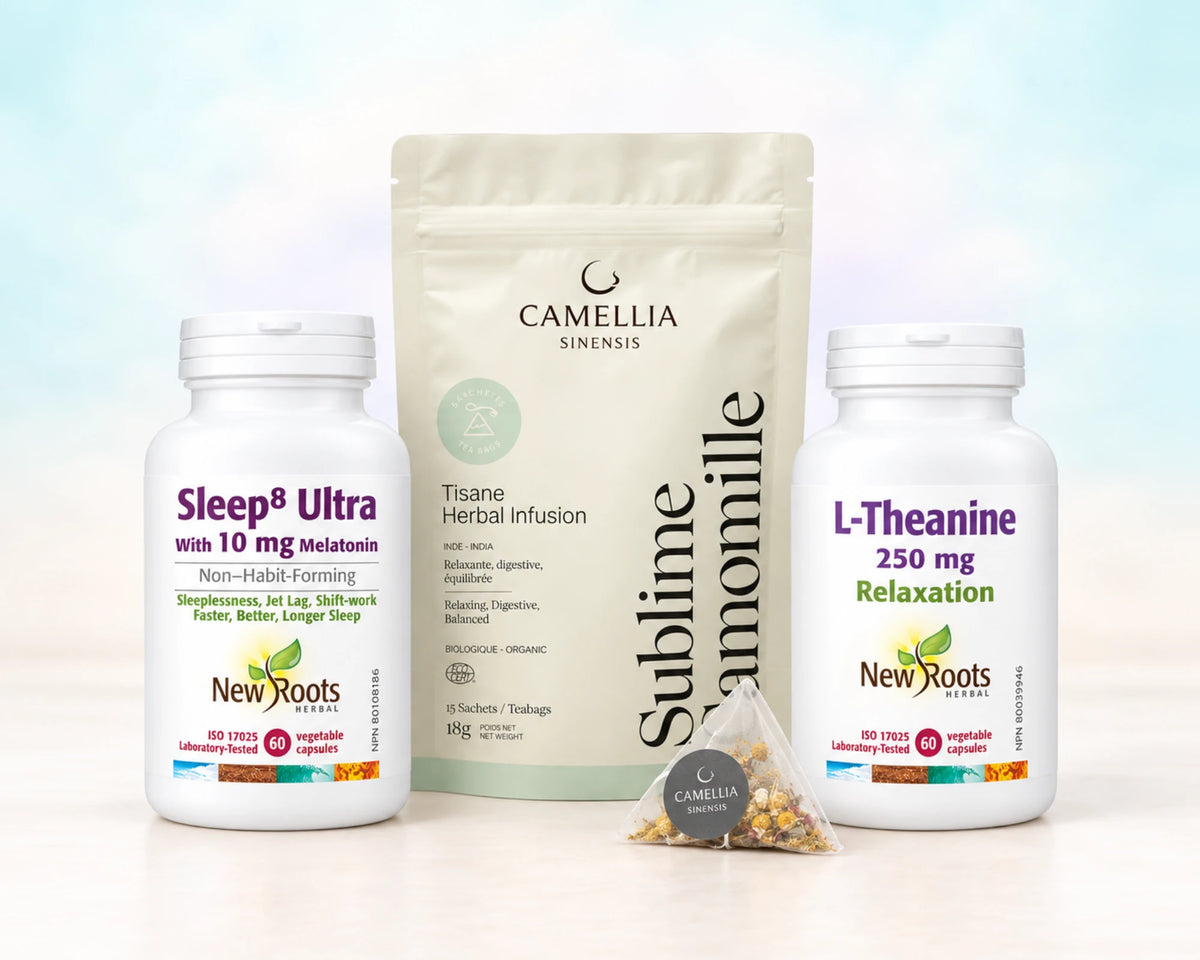 Sleep8 Ultra, L-Theanine 250 mg and Sublime Chamomile tea from The Wind-Down Bundle