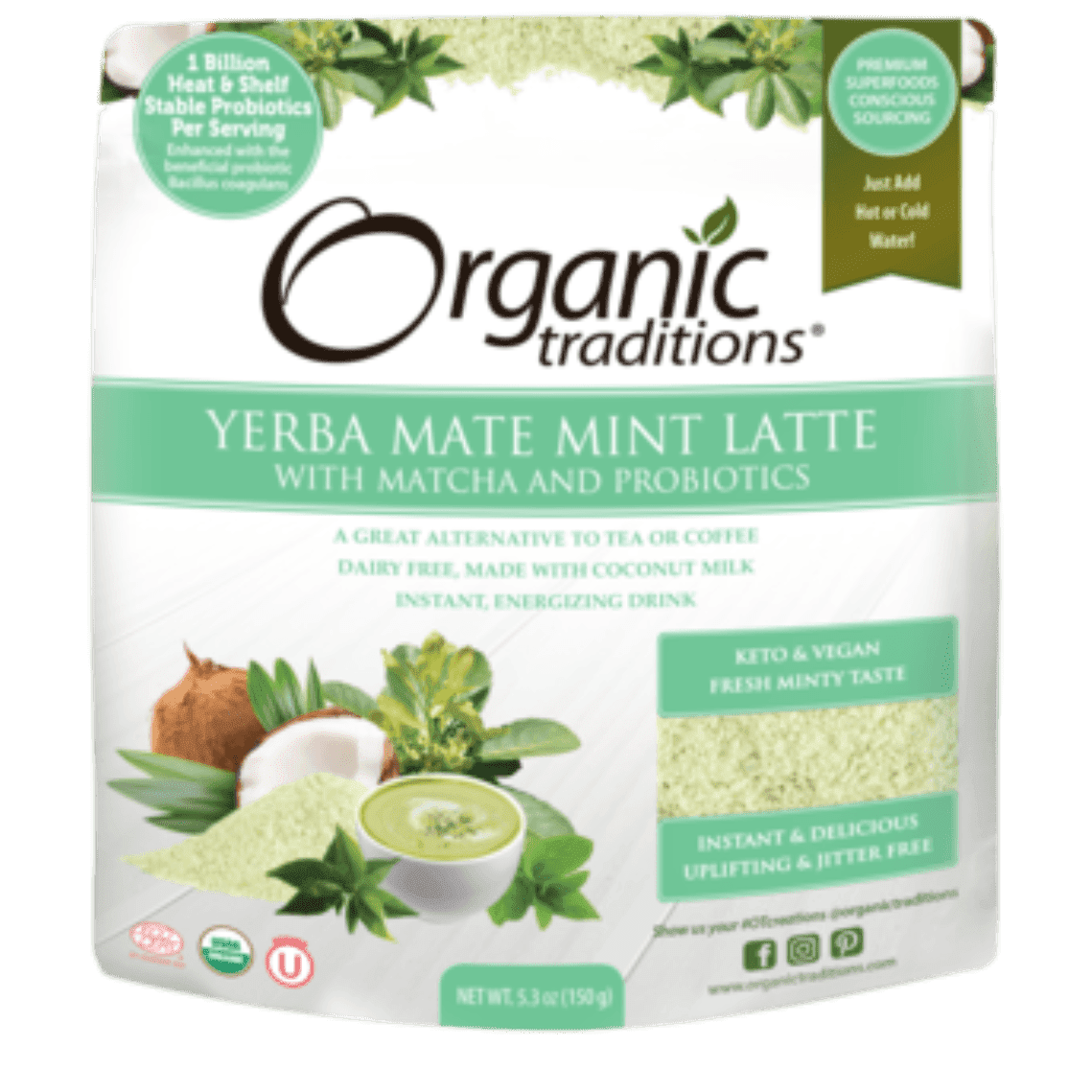 Organic Yerba Mate Mint Latte with Matcha and Probiotics -Organic Traditions -Gagné en Santé