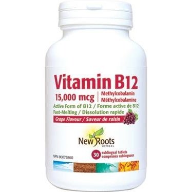 Vitamine B12 Méthylcobalamine 15 mg Comprimé Sublingual -New Roots Herbal -Gagné en Santé